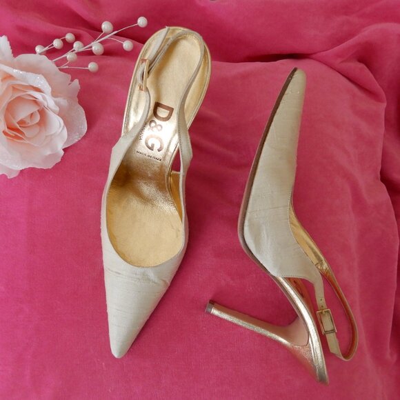 D&G Dolce & Gabbana Italy Cream Gold Silk Heels 37.5 US 7.5 - Picture 7 of 15